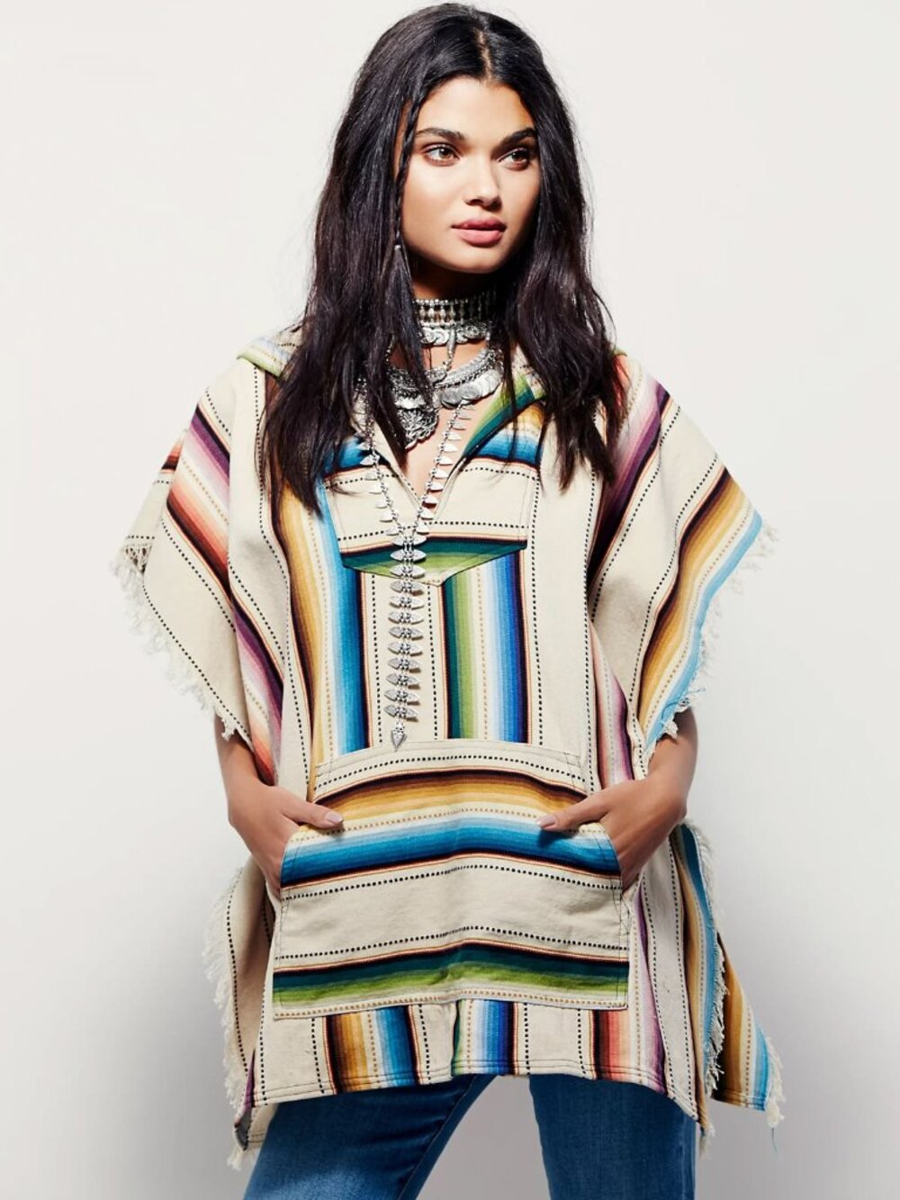 Free People Mountain Jam Poncho Boho Hooded Fringe Tribal OS